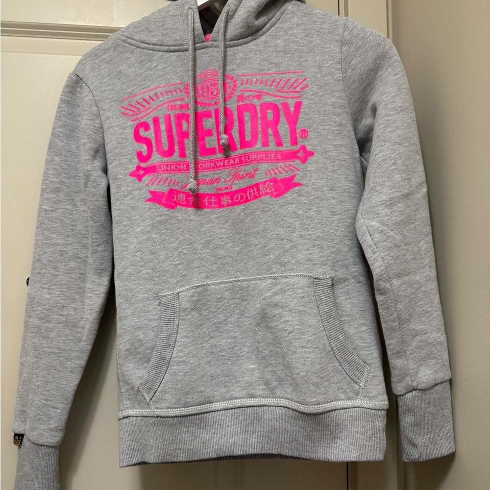Superdry Women's Light Gray Hoodie with Bright Pink Logo